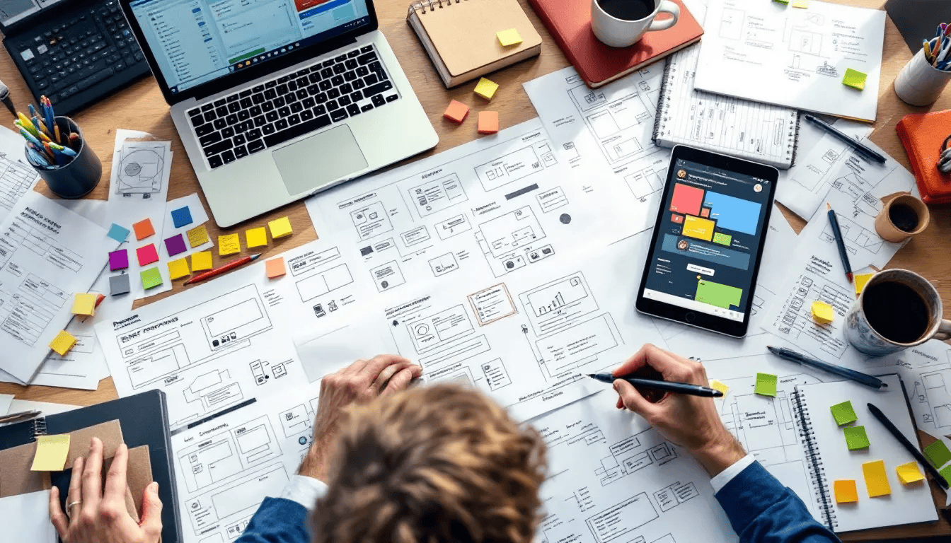 . Auf einem Schreibtisch liegen detaillierte Projektplanungsunterlagen, einschließlich Wireframes und Designentwürfen, die die kreative Arbeit einer Webdesign Agentur in Heidelberg verdeutlichen. Diese Materialien sind Teil des Prozesses zur Optimierung der Online-Präsenz von Unternehmen und deren Websites. .