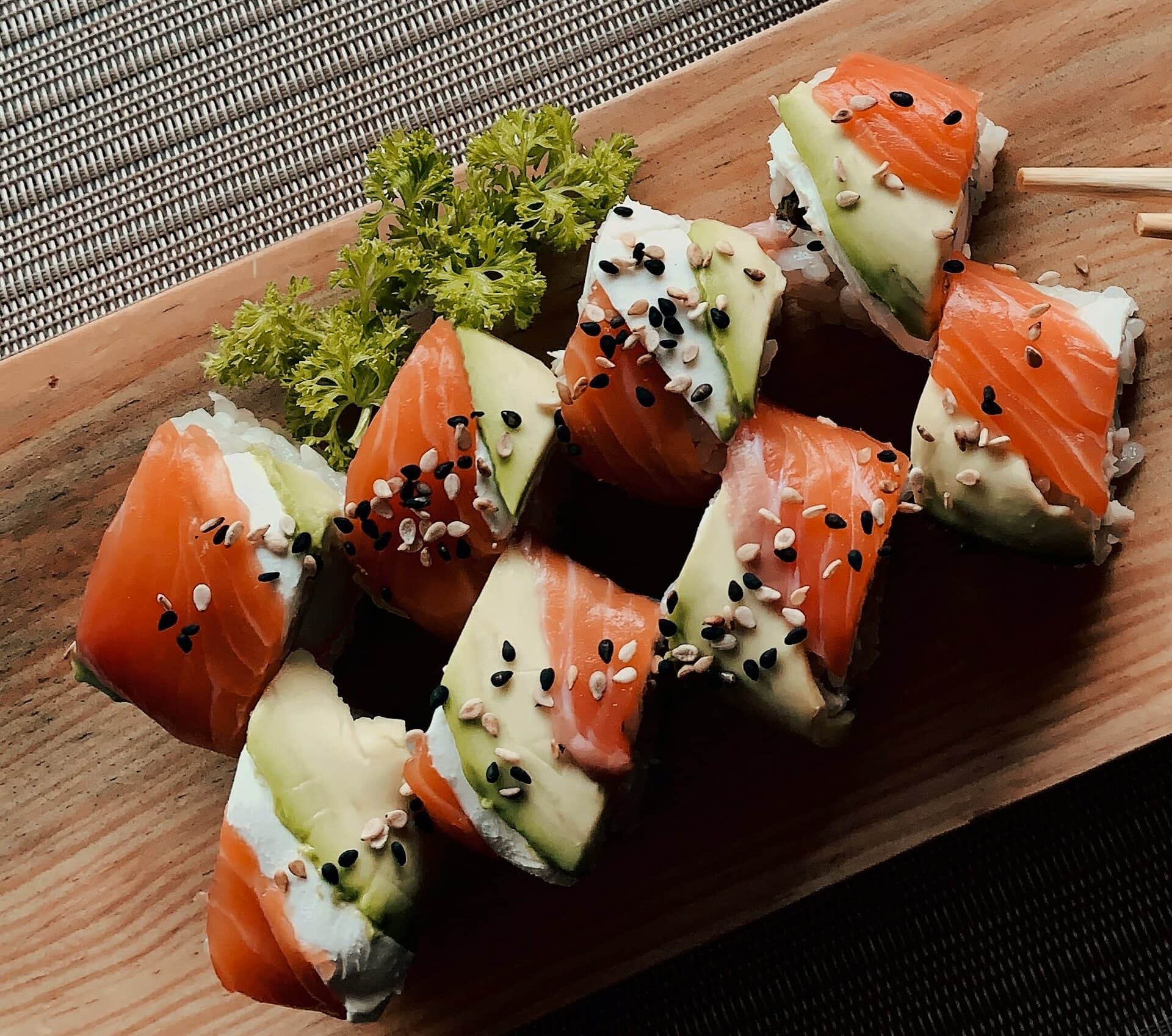 Salmon avocado maki on a table