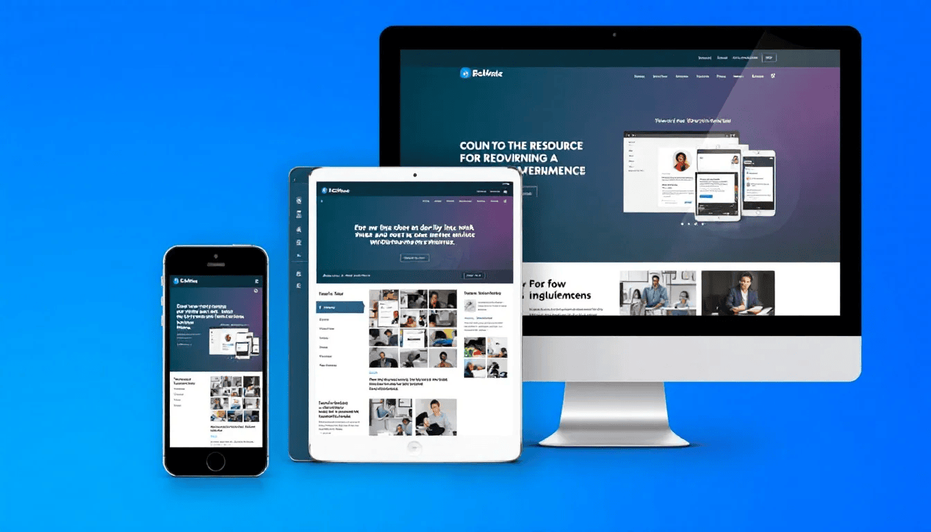 In der Collage sind verschiedene responsive Website-Designs zu sehen, die auf unterschiedlichen Geräten wie Smartphones, Tablets und Laptops angezeigt werden. Diese Designs repräsentieren die Expertise einer Webdesign Agentur in Heidelberg, die sich auf benutzerfreundliche und ansprechende Online-Präsenzen spezialisiert hat.