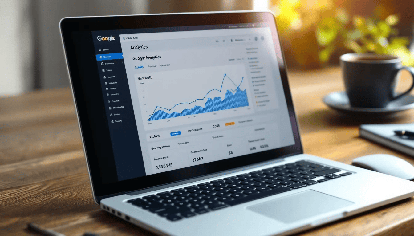 . Auf dem Laptop-Bildschirm ist das Google Analytics Dashboard zu sehen, das steigende Website-Statistiken anzeigt, was auf eine erfolgreiche Online-Präsenz hinweist. Diese Daten könnten für eine Webdesign Agentur in Heidelberg von Bedeutung sein, um die Performance ihrer Kundenwebseiten zu optimieren und die Sichtbarkeit im Internet zu erhöhen. .