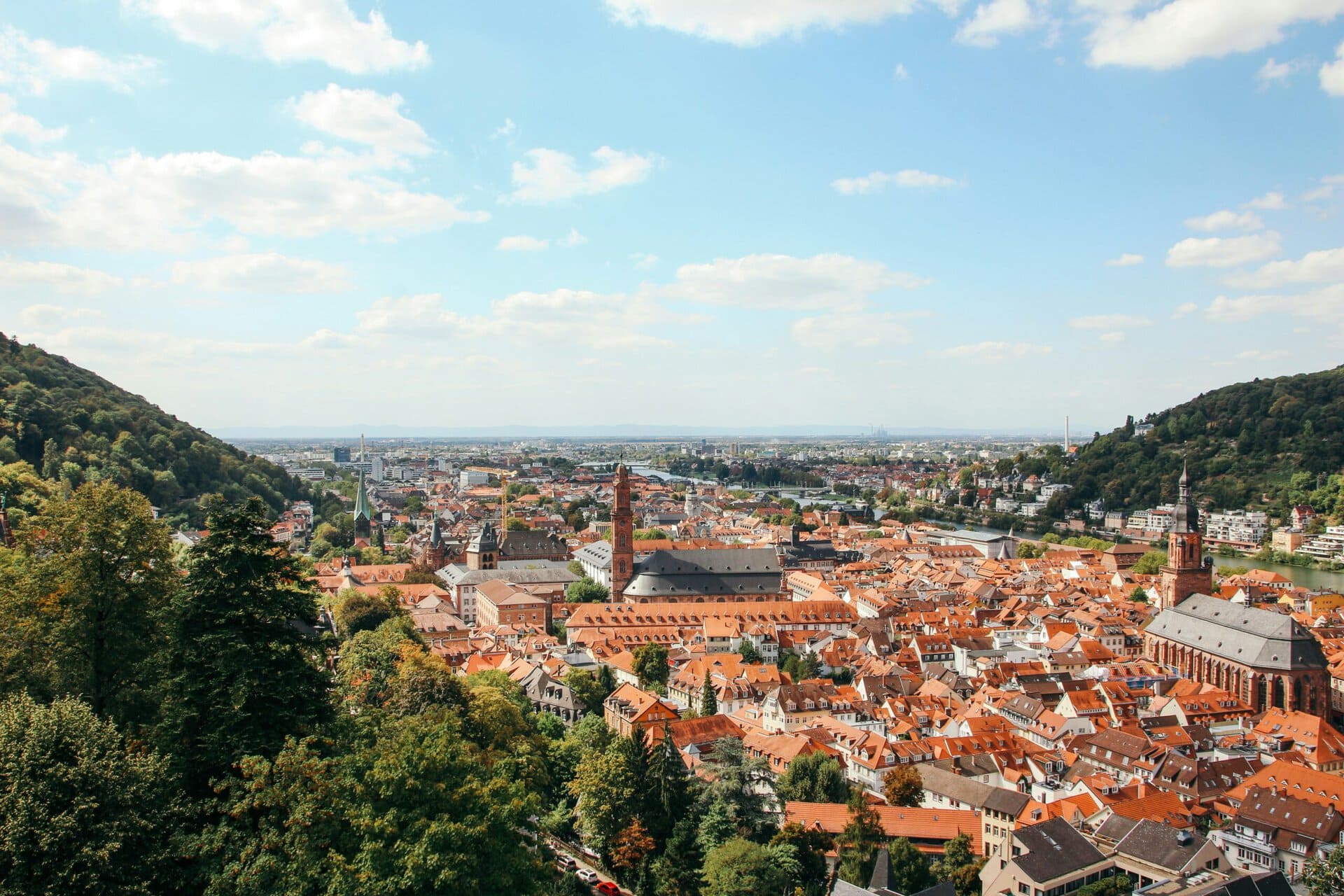 Blick vom Schloss über die Heidelberger Altstadt mit Jesuitenkirche und Heiliggeistkirche